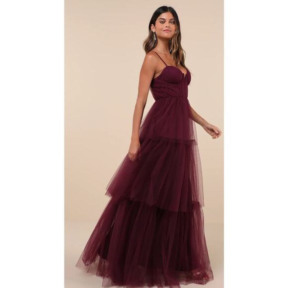 New Lulus Plum Purple Tulle Bustier Tiered Maxi Dress SZ S - Picture 3 of 11
